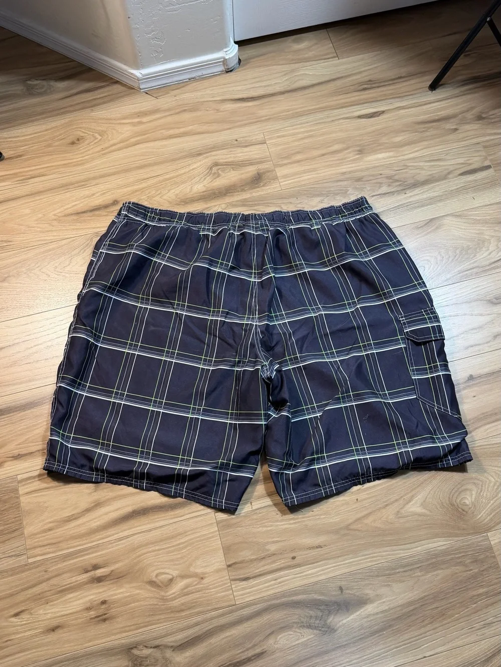 OP Men's Black and Navy Plaid Swim Shorts